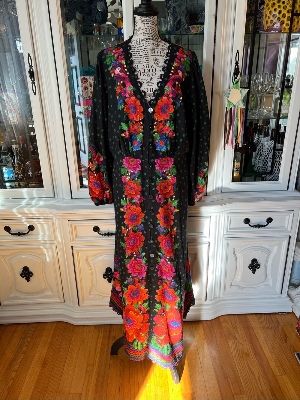 FARM Rio Blooming Gardens Black Maxi Kaftan Dress with Floral Print XL